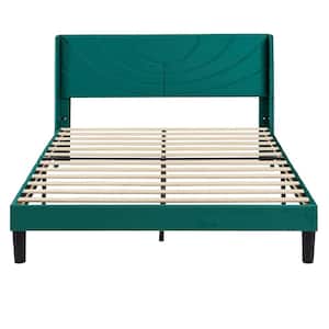 Upholstered Bed Green Metal Frame Queen Platform Bed with Headboard Wood Slat Support
