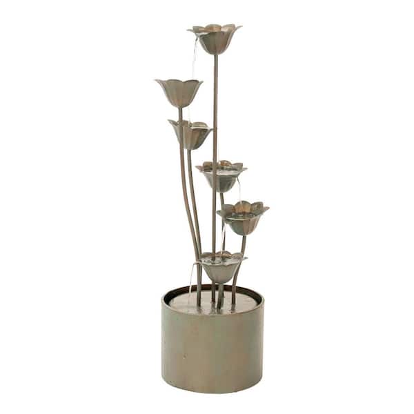 XBRAND Metal Sculptural Multi-Tiered Flower Water Fountain, Silver, 35 in. Tall