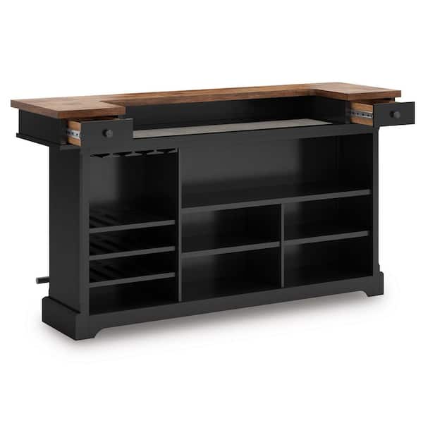 Wildenauer 42.5 in. H Brown/Black Wood Home Bar with Footrest, Wine Rack, Steamware Holder and Drawers