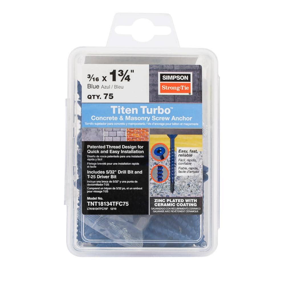 Simpson Strong-Tie Titen Turbo 3/16-in x 1-3/4-in Flat Head Blue Concrete Anchors (75) Drill Bit Included | TNT18134TFC75