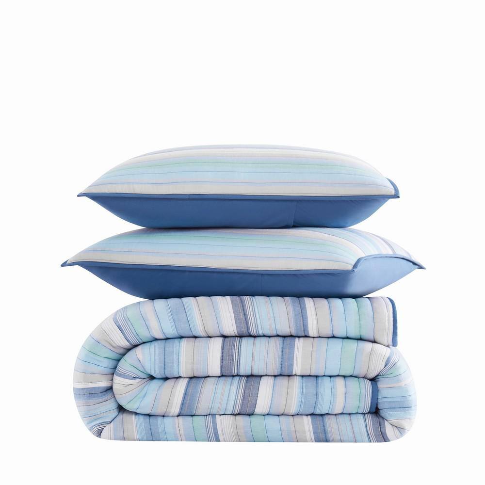 Blue and White Cotton Twin Quilt Set with Striped Design