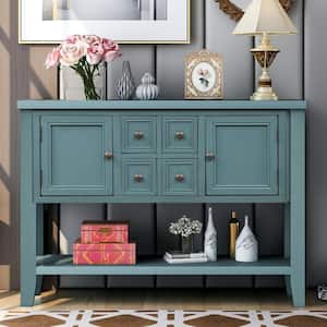 46 in. Dark Blue Rectangle Wood Console Sofa Table Buffet Sideboard with 4-Storage Drawers 2-Cabinets and Shelf