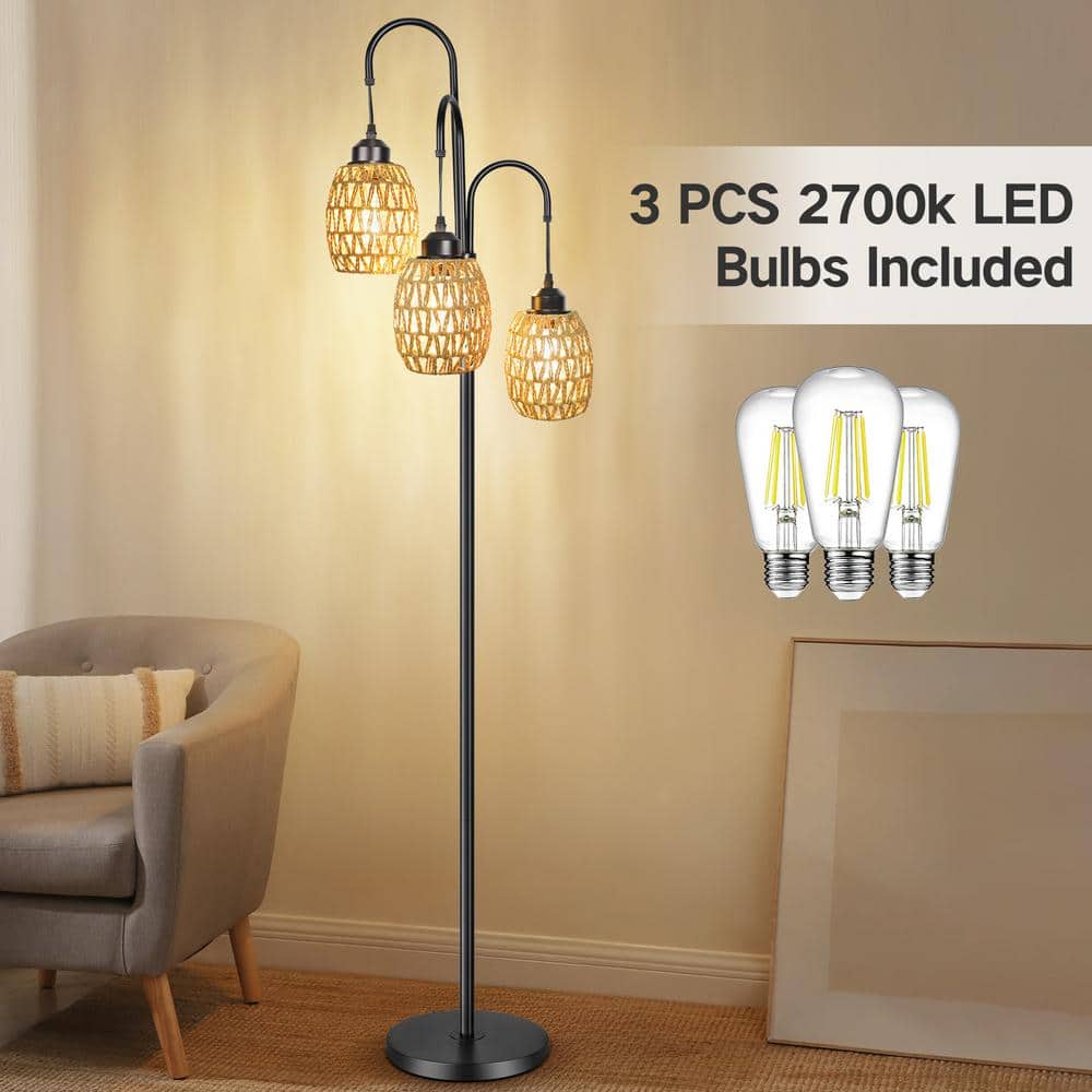 Black Metal Arc Floor Lamp with Rattan Shades