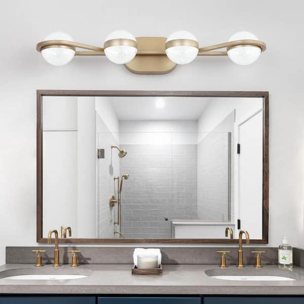 28 in. 4-Light Golden LED Bathroom Vanity Light Fixture with Crystal Sand Acrylic Shades, Mounted Decorative Lighting