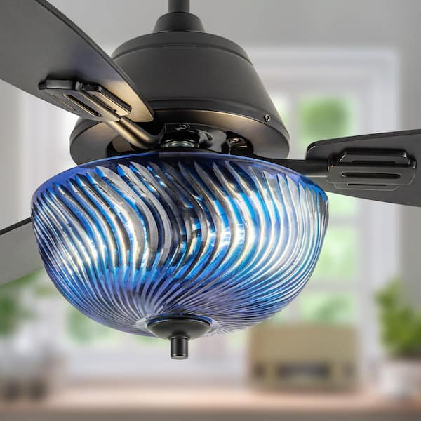 Aubrey 42 in. 2-Light Indoor Black Ceiling Fan with Blue Swirl Hand-Cut Glass Shade and Remote Control
