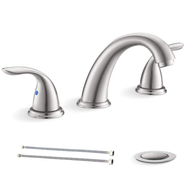 Phiestina 3-Hole 8 in. 2-Handle Brushed Nickel Widespread Bathroom Faucet with Water Supply Line and Metal Pop Up Drain