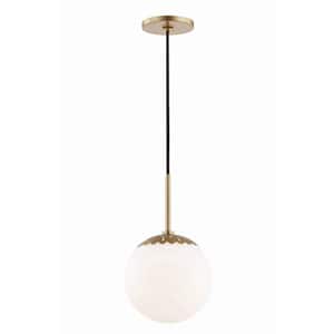 Paige 1-Light 7.5 in. W Aged Brass Pendant with Opal Glossy Glass Shade