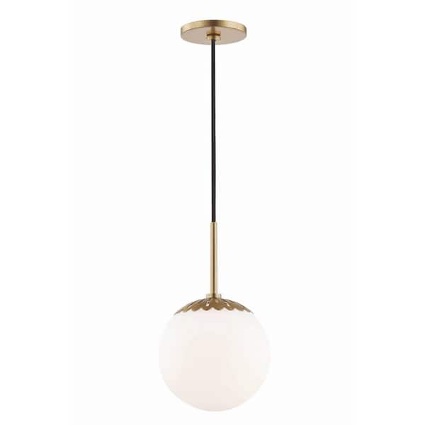 MITZI HUDSON VALLEY LIGHTING Paige 1-Light 7.5 in. W Aged Brass Pendant with Opal Glossy Glass Shade