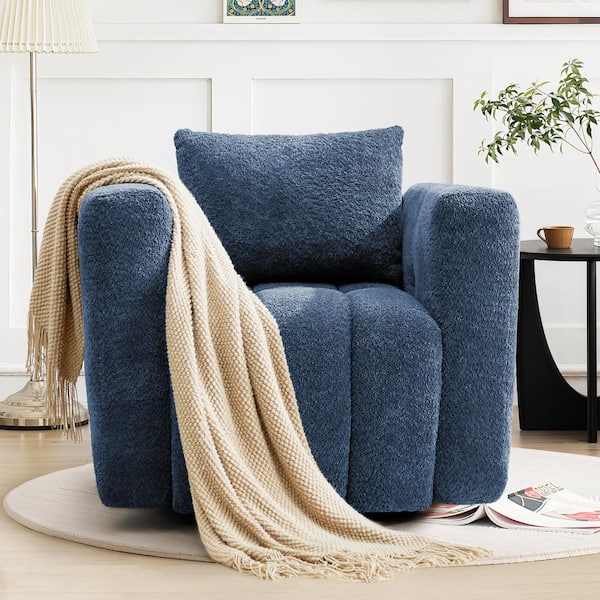 Navy Blue 360° Swivel Accent Chair Upholstered Fabric Large Comfy Reading Chair with Overstuffed Backrest