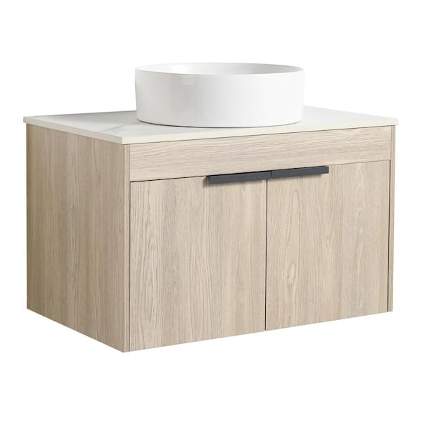 JimsMaison 30 in. W x 19 in. D x 24 in. H Wall-Mounted Bath Vanity in White Oak with White Engineered Stone Composite Top and Sink