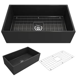 Contempo Farmhouse Apron Front Fireclay 33 in. Single Bowl Kitchen Sink with Bottom Grid and Strainer in Matte Dark Gray