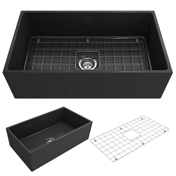BOCCHI Contempo Farmhouse Apron Front Fireclay 33 in. Single Bowl Kitchen Sink with Bottom Grid and Strainer in Matte Dark Gray