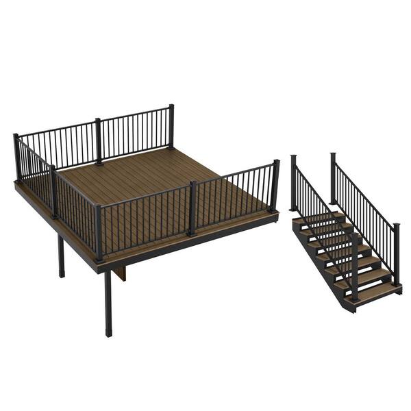 FORTRESS Apex Attached 12 ft. x 12 ft. Brazilian Teak PVC Deck Kit and 5-Step Stair Kit with Steel Framing and Aluminum Railing