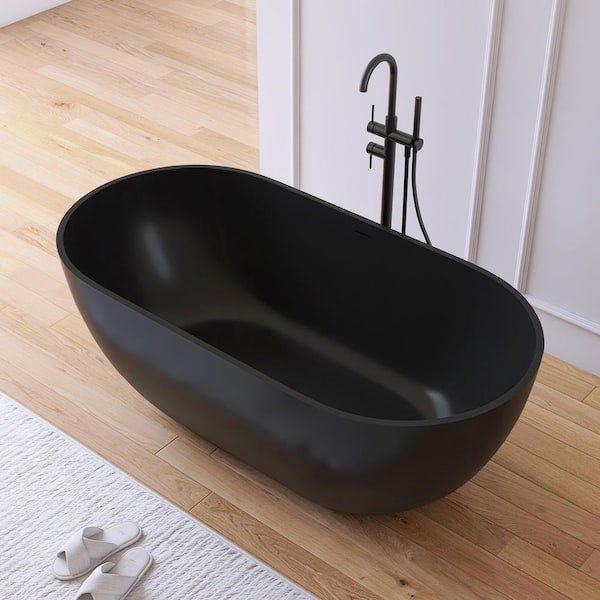 Ariana 59 in. x 29.5 in. Stone Resin Solid Surface Flatbottom Freestanding Soaking Bathtub in Black