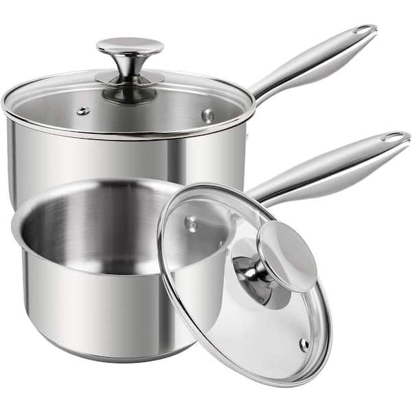 2-Piece Stainless Steel Saucepan Set, 1 Quart and 2 Quart, with Aluminum Core, Induction Compatible