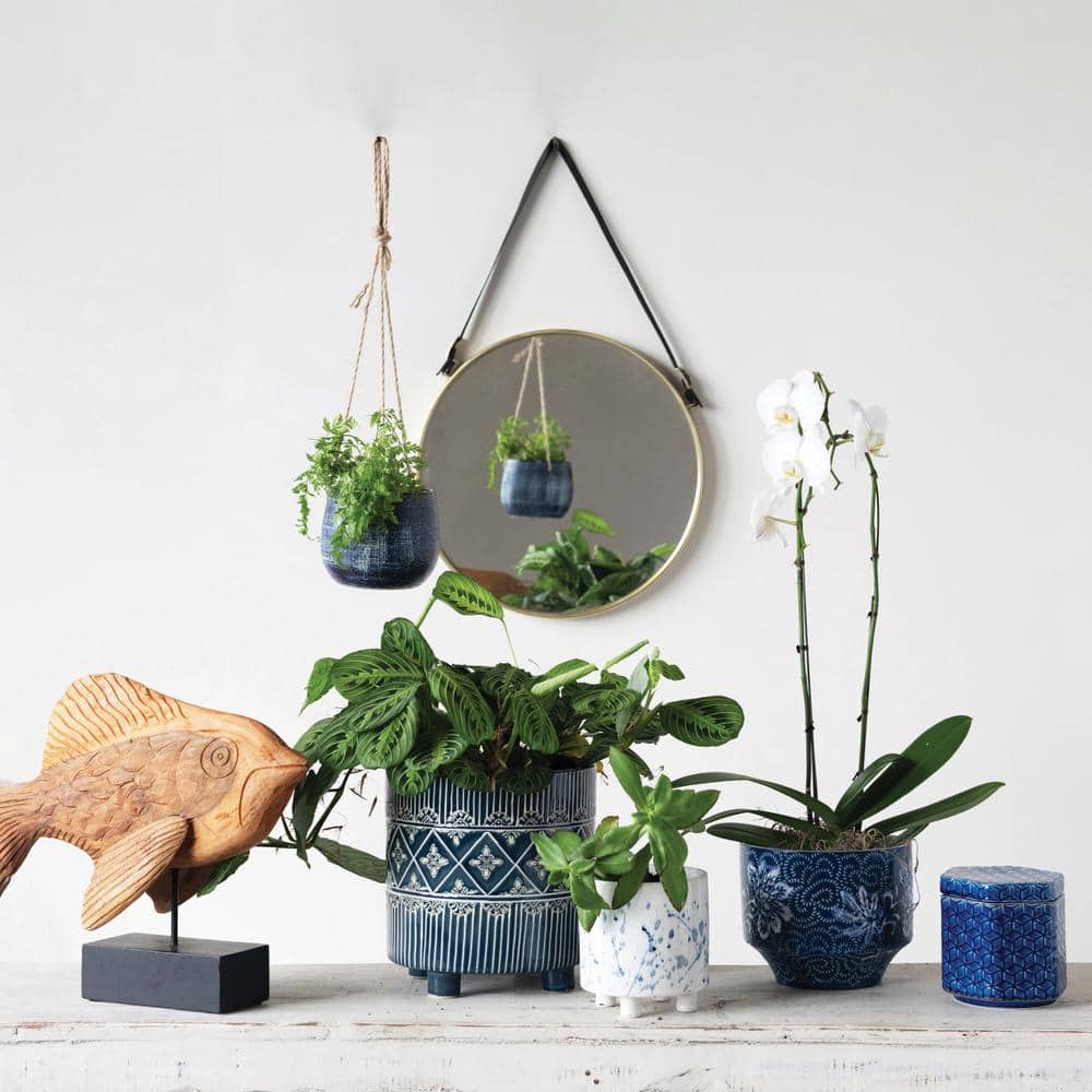 Blue and White Floral Stoneware Planter for 4" Pots