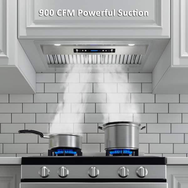 IKTCH Upgrated 30Under Cabinet Range Hood, 900 CFM Ducted Range Hood with  4 Speed Fan, Black Stainless Steel & Tempered Glass Range Hood 30 inch with  Gesture Sensing&Touch Control 
