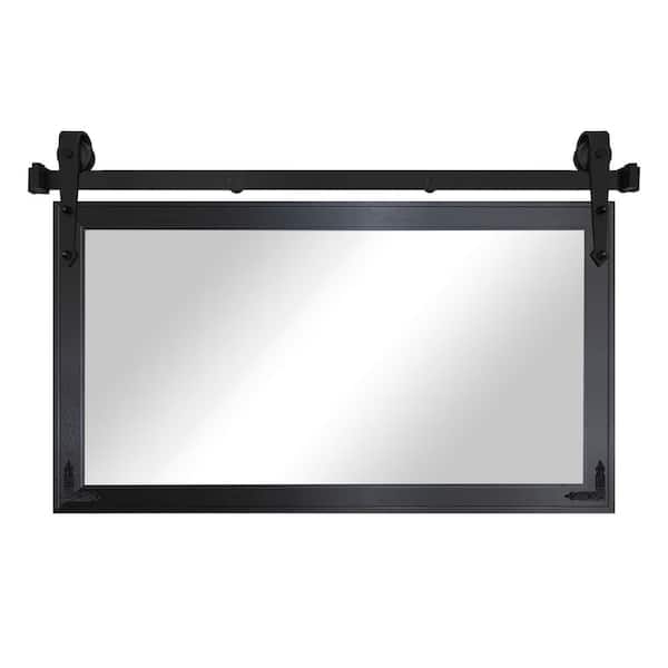(32 in. W x 33 in. H) Black Steel Mirror w Steel Barn Door Track and Decorative Metal Corner Brackets
