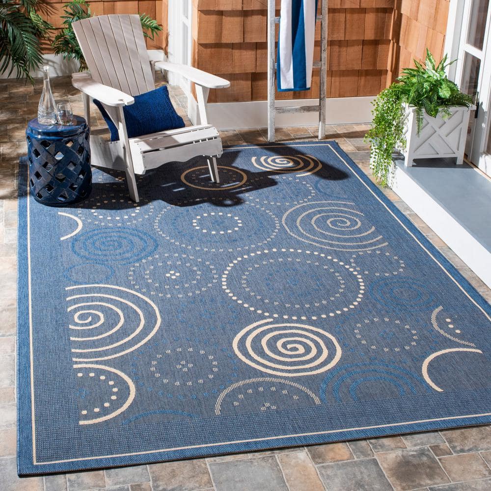 Blue Geometric Patterned Synthetic Outdoor Area Rug