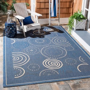 Courtyard Blue/Natural 7 ft. x 7 ft. Square Border Indoor/Outdoor Patio  Area Rug