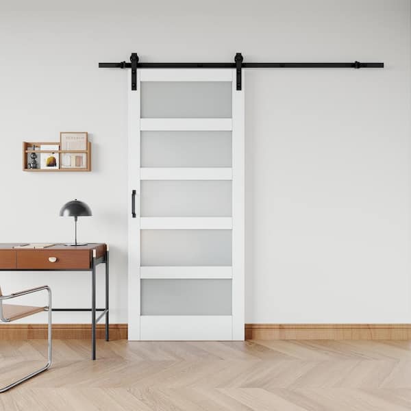 36 in. x 84 in. 5 Lite Tempered Frosted Glass White Primed MDF Wodd Sliding Barn Door with Hardware Kit and Soft Close