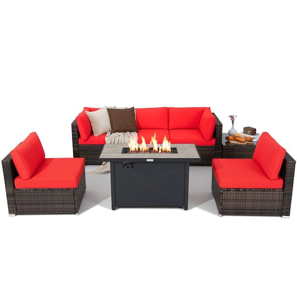 Costway 7 Piece Wicker Patio Conversation Set with 60000 BTU Fire Pit Table & Protective Cover & Red Cushions