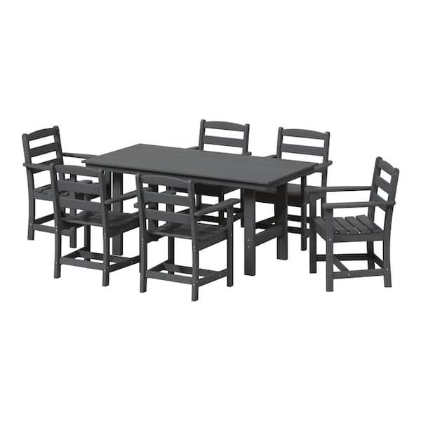 Shoreside 7-Piece All Weather HDPE Plastic Outdoor Patio Dining Set w/ Armchairs, Gray