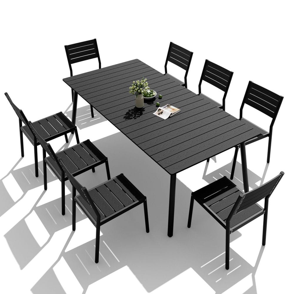 9-Piece Wood-like Aluminum Rectangular Outdoor Dining Set in Black with Umbrella Hole and Stackable Armless Chairs price history on PriceWatchPro