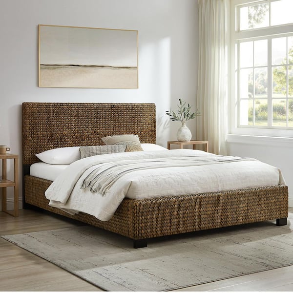 Edgewater Brown Seagrass Frame Square King Panel Bed