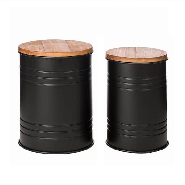 Glitzhome 14.5 in. W Black Round Wood Storage End Table or Accent Table or Stool with Solid Wood Lid (2-Pack)