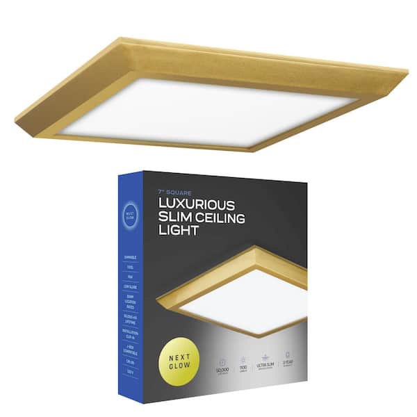 Ultra-Slim Luxurious Edge-Lit 7 in. Square Brass, 3000K LED Easy Installation Ceiling Light Flush Mount (1-Pack)