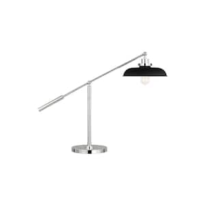 Wellfleet 30.5 in. W x 23.375 in. H 1-Light Midnight Black/Polished Nickel Dimmable Wide Desk Lamp with Steel Shade