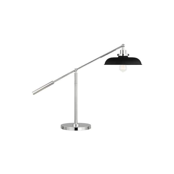 Generation Lighting Wellfleet 30.5 in. W x 23.375 in. H 1-Light Midnight Black/Polished Nickel Dimmable Wide Desk Lamp with Steel Shade