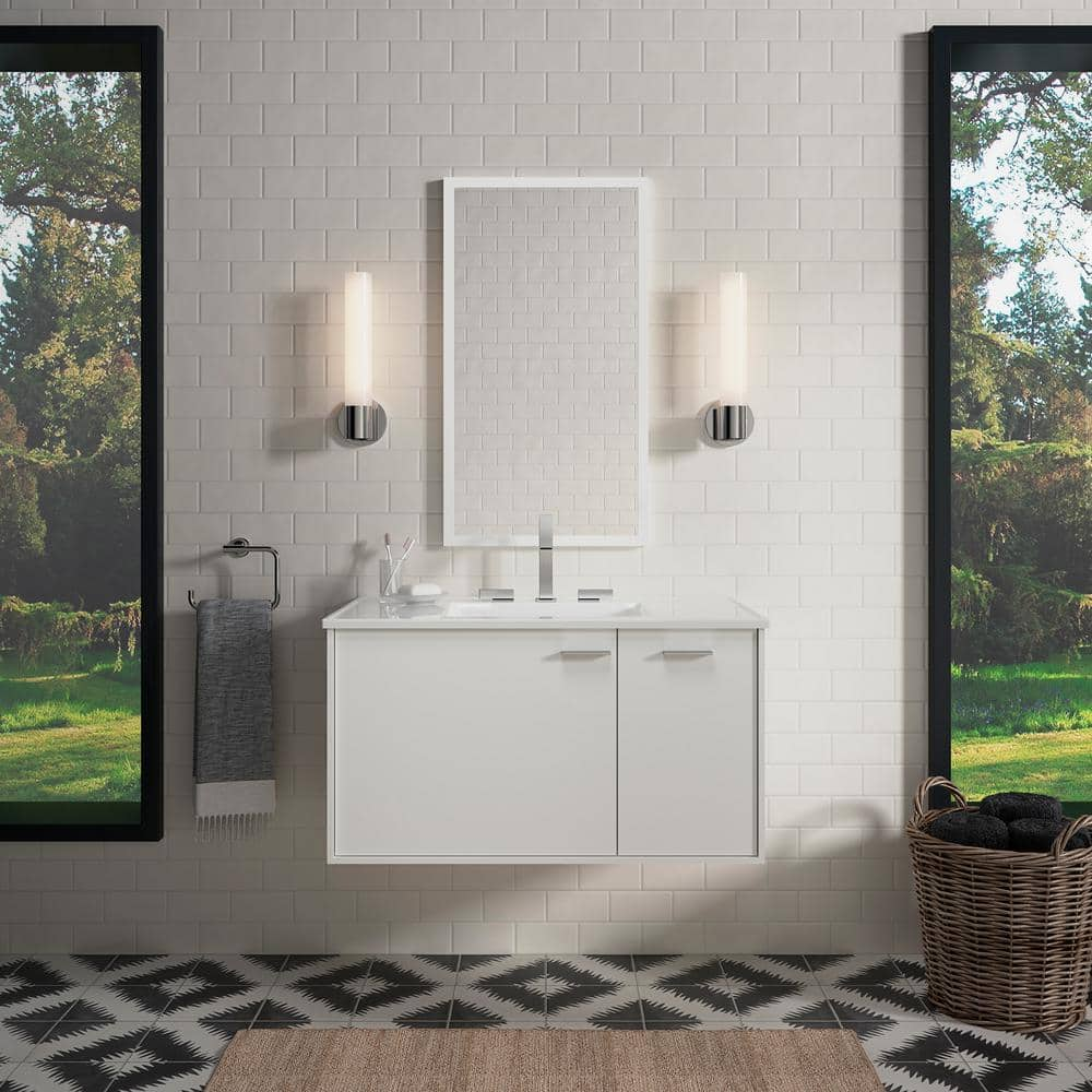 Elegant White Dual Bath Vanity with Jute Rug