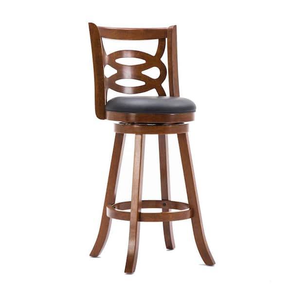 Benjara 43.5 in. H Walnut Brown High Back Swivel Barstool with Open Geometric Curved Wooden Back