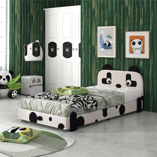 Twin Size Kids Bed Toddler Upholstered Low Profile Bed Frame with Panda Headboard