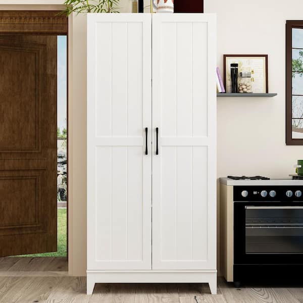 White 68.9 in. Accent Storage Cabinet with 13-Shelves and Door-Mounted Storage, Glass Rack, Drawers, Pull-Out Wine Trays