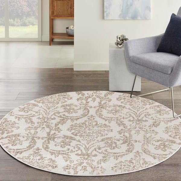 Jubilant Ivory Beige 5 ft. x 5 ft. Damask Transitional Round Area Rug