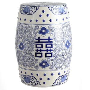 18 in. Blue/White Chinoiserie Ceramic Drum Double Happiness Garden Stool