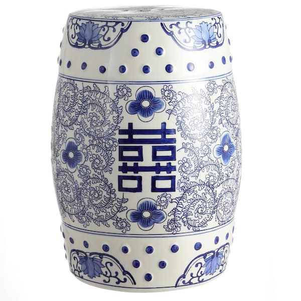 JONATHAN Y 18 in. Blue/White Chinoiserie Ceramic Drum Double Happiness Garden Stool