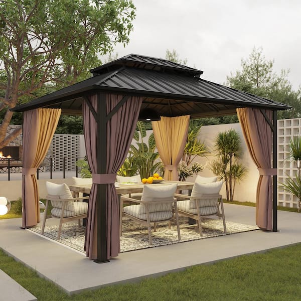 10 ft. x 12 ft. Brown Outdoor Double Galvanized Steel Roof Gazebo with Ceiling Hook, Fully Enclosed Netting and Curtains
