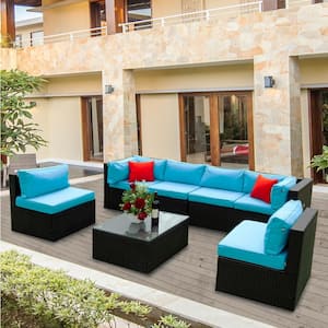 Black 5-Piece Wicker Rattan Outdoor Sectional Set with Blue Cushions and 2 Pillows