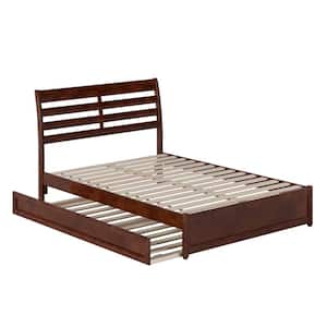 Emelie Walnut Brown Solid Wood Frame Full Platform Bed with Panel Footboard and Twin Trundle