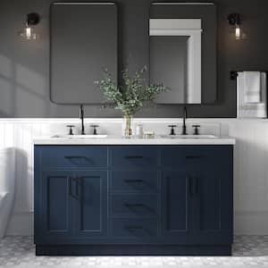 Hepburn 60 in. W x 22 in. D x 36 in. H Double Sink Freestanding Bath Vanity in Midnight Blue with Carrara Qt. Top