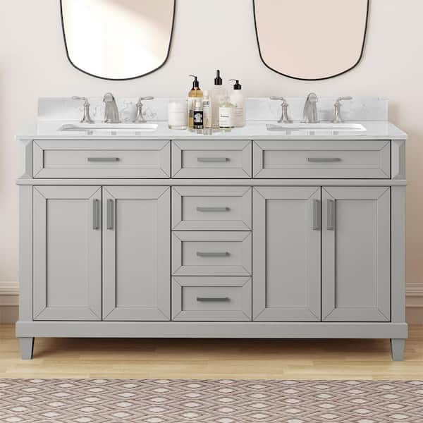 Talmore 60 in. Double Sink Sky Grey Bath Vanity with White Engineered Carrara Marble Top (Assembled)