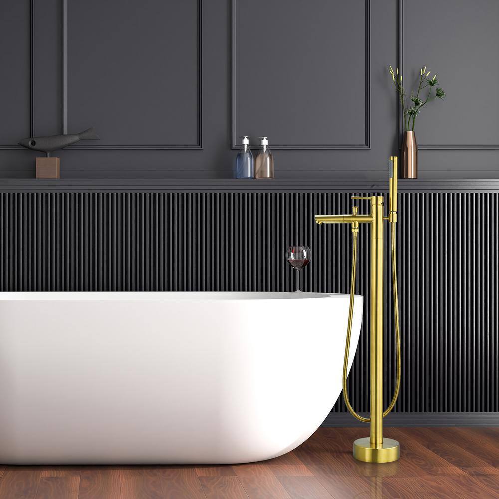 Brushed Gold Stainless Steel Freestanding Tub Faucet with Handshower