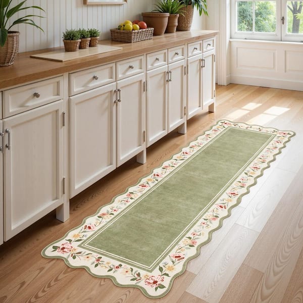 2 ft. x 6 ft. Machine Washable Green Scalloped Vintage Floral Low Pile Non Slip Soft Entryway Bedroom Indoor Runner Rug