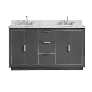 Austen 61 in. W x 22 in. D Bath Vanity in Gray with Silver Trim with Marble Vanity Top in Carrara White with Basins