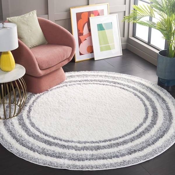 Border and Stripe Shag 7 ft. x 7 ft. Ivory/Gray Concentric Border Round Area Rug