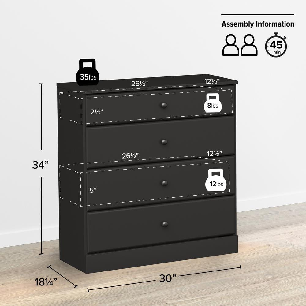 Astrid Sleek Black 4-Drawer Dresser with Solid Wood Knobs